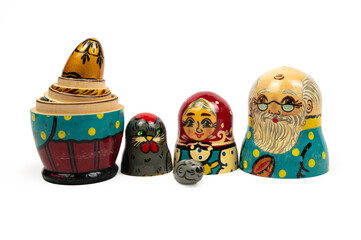 A set of matryoshka dolls depicting characters from a Russian folk tale