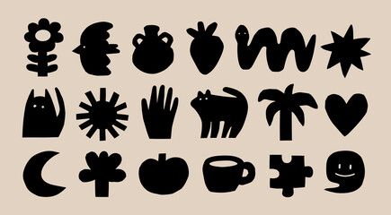 Wall Mural - various abstract elements. cat, bird, flower, snake, cup, moon, heart, jug. quirky shapes. hand draw