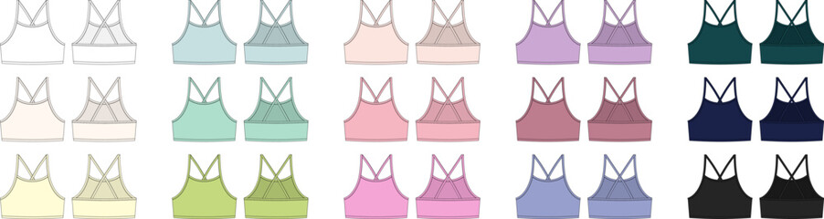 Wall Mural - Set of girl bralette technical sketch. Women's top bra with straps underwear design template collection