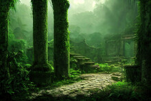 Digital Concept Art Of An Ancient Abandoned Palace In The Jungle Overgrown By Vegetation And Moss. Religious Ruin In An Exotic Rainforest  With Stone Structures In Lost Civilisation Art Illustration.