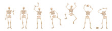 Skeleton - Walking, Jumping, Greeting, Scaring, Waving, Greeting, Juggling With The Head And Being Headless – Set Of Creepy, Spooky, Frightening And Funny Poses. Vector On White Background.
