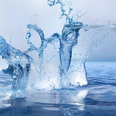 Poster - Blue water splash with reflection. Liquid splashing, ripple and wave forming. symbol of freshness, nature, clean. Render