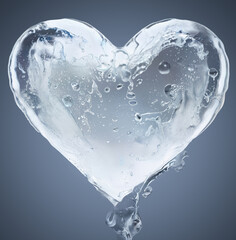 Poster - Heart of ice. A heart shaped ice cube melting. Isolated on grey background. water droplet dripping down heart, abstract visual for love, fresh, flow. Render