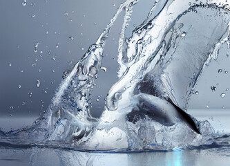 Poster - Water pouring, liquid splash with reflection. Motion of water, splash and ripple effect. Purity and freshness symbol. Render