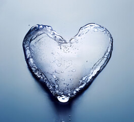 Poster - Heart made of water, ice, splash with bubbles isolated on grey surface. symbol of love, purity, valentine, flow and freshness. Render