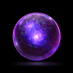 Wall Mural - Purple glass globe with crystals. Abstract crystal ball, Magic and psychic power. Mysterious magical orb.  Isolated on black background. Render