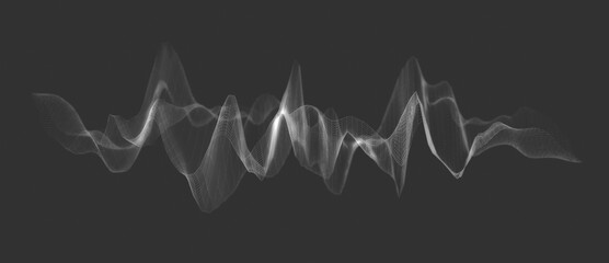 Glowing white abstract wireframe sound waves, visualization of frequency signals audio wavelengths, conceptual futuristic technology waveform dark background with copy space for text