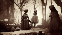 1900 Vintage Close Up Photography Of Children With Creepy Halloween Costumes In The Forest