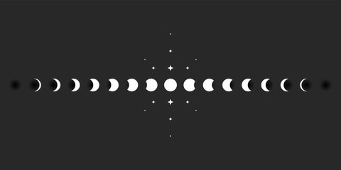 Wall Mural - moon phases sphere shadow cycle astronomy icon set. vector illustration black background