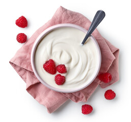 Wall Mural - Pink bowl of greek yogurt and fresh raspberries on linen napkin isolated on white background