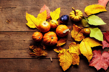 Happy thanksgiving, autumn decoration on on dark aged wood planks, pumpkin decoration, fallen autumn leaves, autumn floral decor, autumn fruits, warm colors