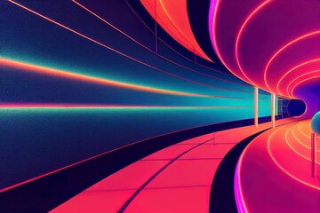 Sticker - 3d render, glowing lines, tunnel, neon lights, virtual reality, abstract background, round portal, arch, pink blue spectrum vibrant colors, laser show