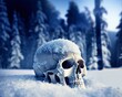 A computer generated 3D illustration of a human skull head sitting in the snow with a forest winter background. A.I. generated art.