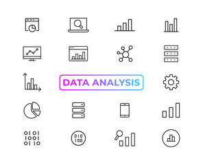 Big data analysis thin line icon set. Data processing outline pictograms for website and mobile app GUI. Digital analytics simple UI, UX vector icons