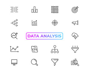Poster - Big data analysis thin line icon set. Data processing outline pictograms for website and mobile app GUI. Digital analytics simple UI, UX vector icons