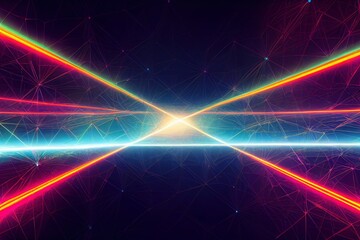 Poster - 3d render, abstract background with colorful neon lines going up, virtual reality wallpaper with laser rays