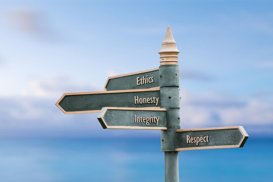 Wall Mural - ethics honesty integrity respect four word quote written on fancy steel signpost outdoors by the sea. Soft Blue ocean bokeh background.