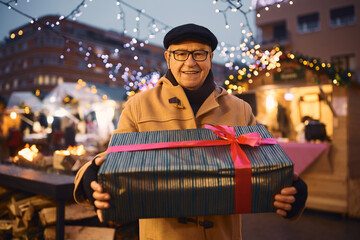 Wall Mural - Happy senior man holding gift box he has bought on Christmas market and looking at camera.