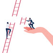 Helping hand, business support to reach career target or success, businessman climbing up to top of broken ladder with partner to connect to reach higher
