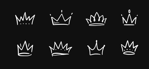 Wall Mural - Doodle crown hand drawn set. Doodle princess crown, queen tiara. Line sketch royal element. Queen, king hand drawn simple design element. Isolated vector illustration.