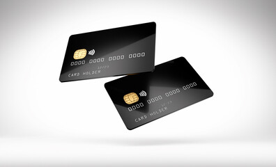 black glossy credit card mock up, white background, 3d illustration