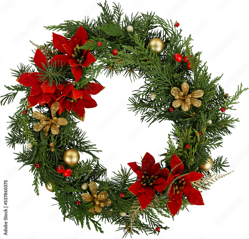 Christmas frame wreath with evergreen fir tree and red and yellow ...