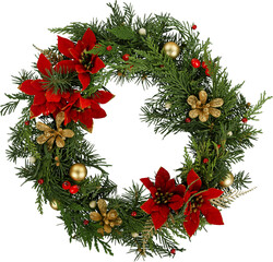 christmas frame wreath with evergreen fir tree and red and yellow berries isolated on white