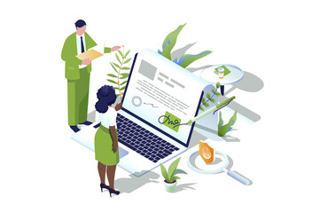 Fototapete - Electronic contract web concept in 3d isometric design. People make business deals and sign virtual documents. Businessman and businesswoman signing e-contract at laptop. Web illustration.
