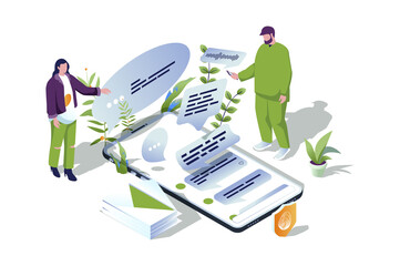 Poster - Messaging service web concept in 3d isometric design. People writes messages and sends using mobile application, chatting with friends, sending emails, online communication. Web illustration.