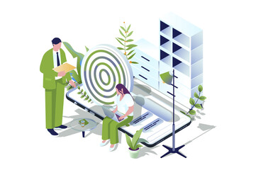Poster - Seo optimization web concept in 3d isometric design. People analyzing data, selects keywords, settings and optimizes site for popular search queries for online promotion. Web illustration.