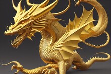 Full Body Gold Dragon In Smart Pose With 3d Rendering Include Alpha Path.
