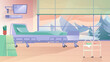 Hospital ward landing page in flat cartoon style. Clinic room interior with bed, patient monitoring system on display, medical equipment, window mountain view. Illustration of web background