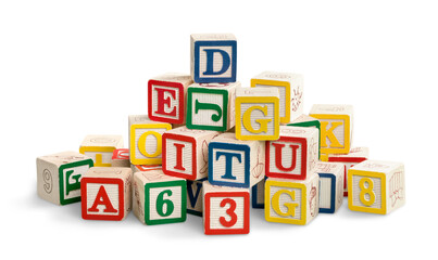 Colorful toy blocks with letters on white background
