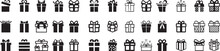 Present Gift Box Icon. Gift Box Icon Is In Line Style Isolated On White. Christmas Gift Icon Illustration Vector Symbol. Gift Set Different Icon Signs. Surprise. Vector Illustration