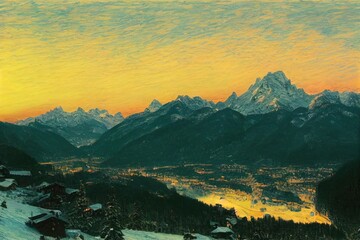 Poster - Beautiful panorama view of scenic winter wonderland mountain scenery in the Alps with traditional mountain huts illuminated in last evening light at sunset