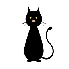  A minimalist illustration of a black cat with yellow eyes, pointy ears, long whiskers, and a curved tail, commonly associated with Halloween, mystery, and superstition.