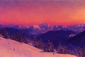 Poster - Beautiful panorama view of scenic winter wonderland mountain scenery in the Alps with traditional mountain huts illuminated in last evening light at sunset