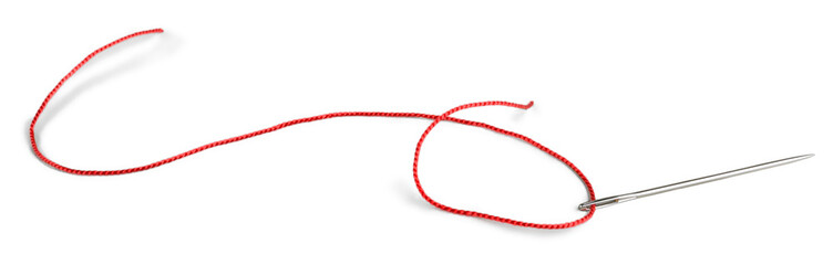 red thread and needle isolated on white background