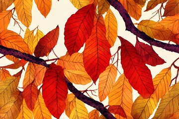 Canvas Print - Autumn nature artistic seamless pattern. Watercolor assorted tree leaves, berries, acorn on white background. Dry orange, yellow, red fall foliage print. Botanical painting.