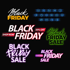 Poster - Abstract Vector Black Friday Sale Lable Tag Set. Glowing Neon Sign, Bright Glowing Advertising, Discounts on Sales Black Friday