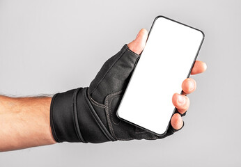 Poster - Sport app mock up, blank white mobile phone, smartphone screen in athlete hand