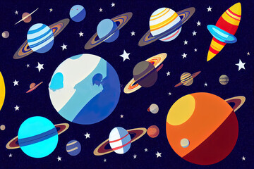 Wall Mural - space background. planets of the solar system. rockets and astronauts. 2d illustration