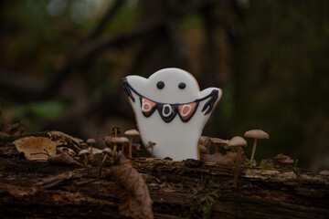 Wall Mural - White ghost shaped Halloween cookie with Boo word stands by toadstools on fallen tree in dark autumn forest. Selective focus. Close-up view. Holiday food theme.