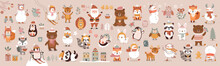 Christmas Animals Set, Hand Drawn Style - Cute Animals, Snowmen, Santa Claus And Other Elements.
