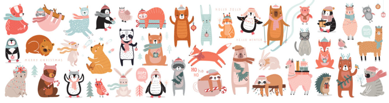 Fototapete - Christmas animals set, hand drawn style, bears, rabbits, sloths, penguins, owls and others.