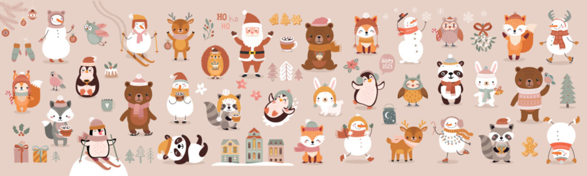 Fototapete - Christmas animals set, hand drawn style - cute animals, snowmen, Santa Claus and other elements.