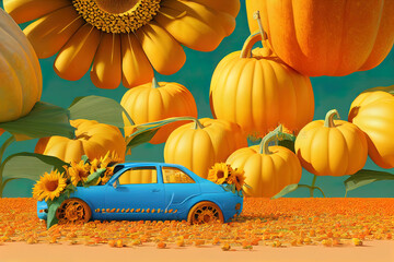 Canvas Print - Blue car carrying big pumpkin with sunflowers and corn. Autumn is coming concept with orange background 3D Render 3D illustration