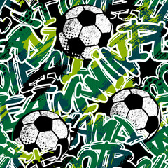 Aufkleber - Abstract seamless grunge pattern for guys. Urban style modern background with soccer and slogans. Sport extreme style creative wallpaper