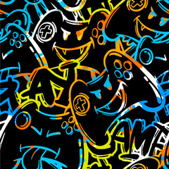 Aufkleber - seamless abstract pattern with colorful joystick game and graffiti words. wallpaper for boys.