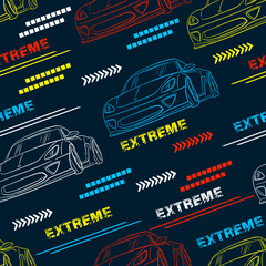 Aufkleber - Abstract seamless grunge pattern for boy. Urban style modern background with sport car. Drive and speed modern creative wallpaper for guys. Extreme style